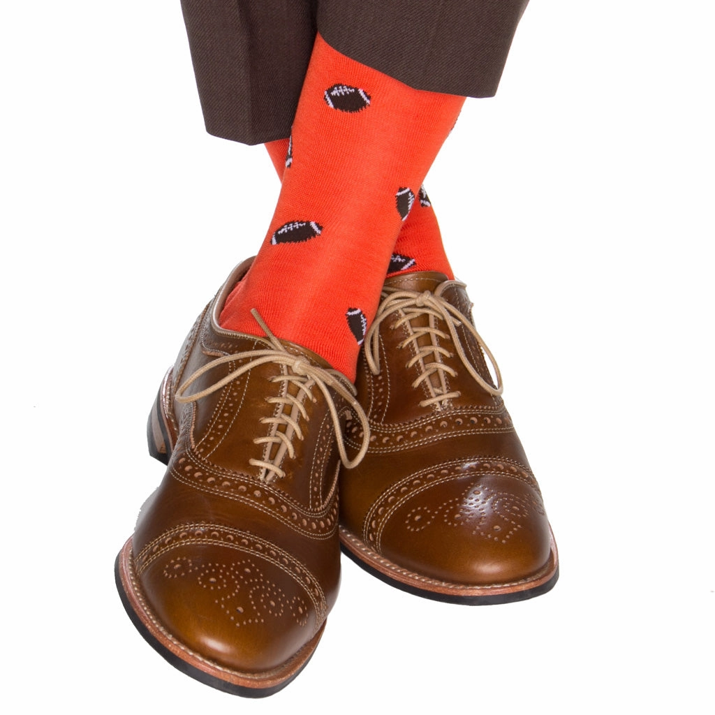 Tigerlily Orange with Coffee Brown Football Cotton Sock Linked Toe OTC
