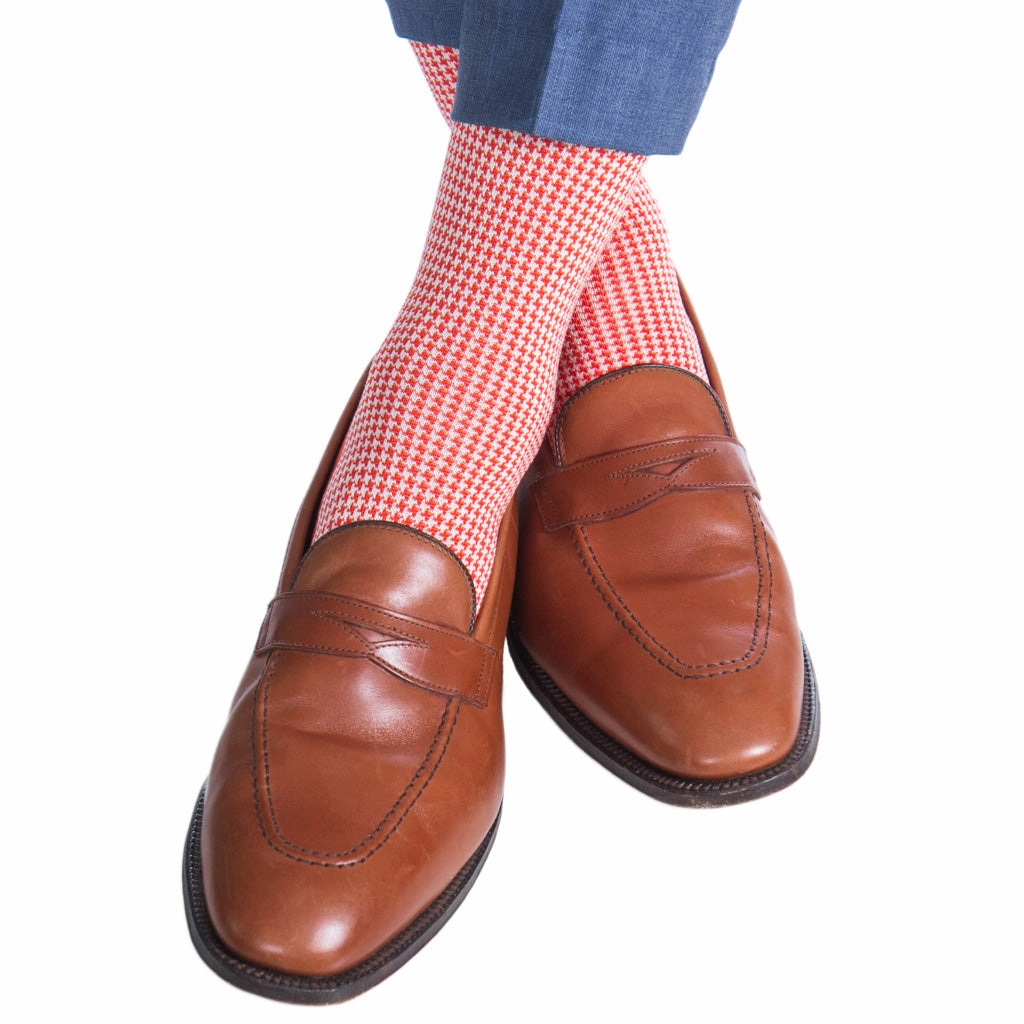 Tigerlily Orange with Cream Houndstooth Cotton Sock Linked Toe OTC