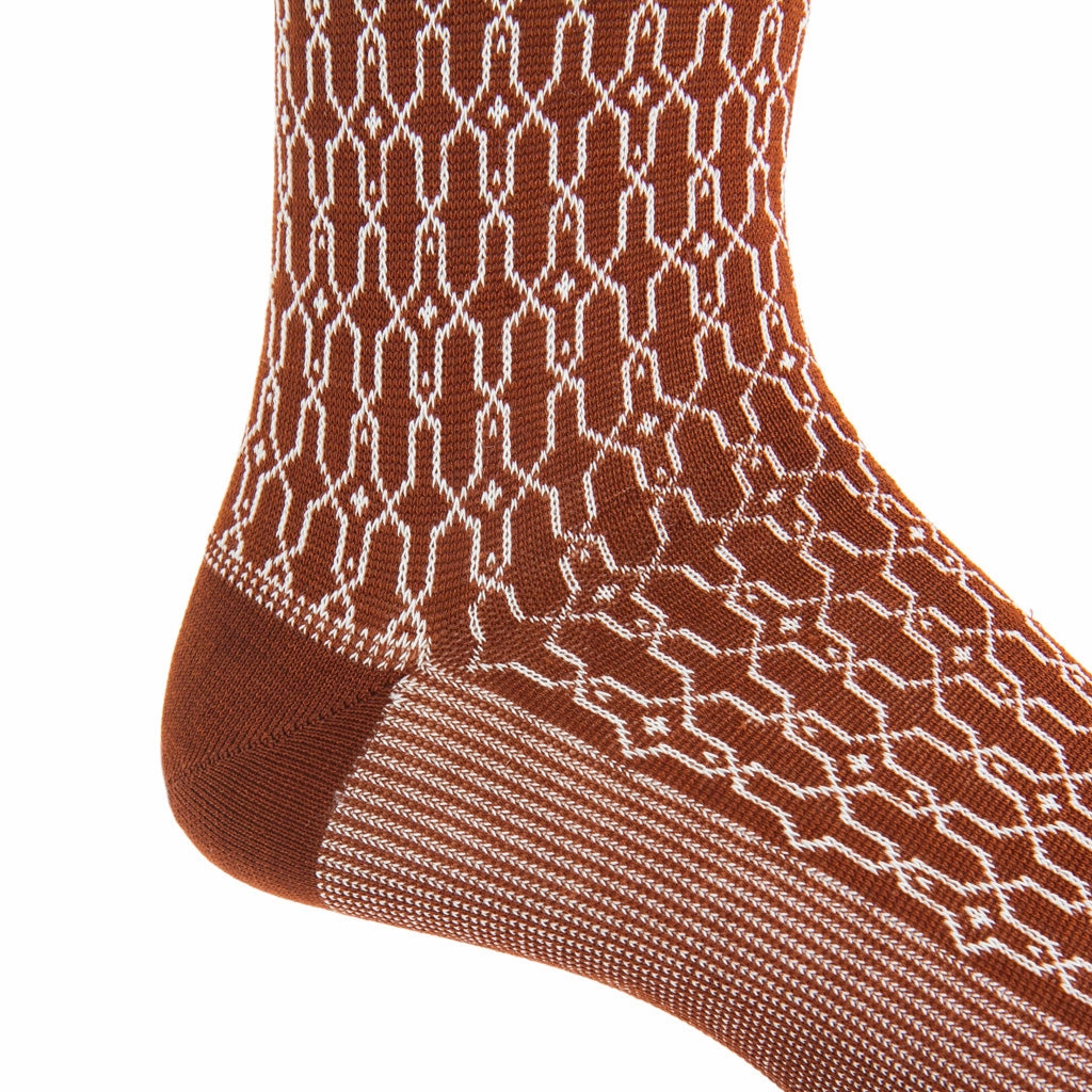 Whiskey Brown w/Cream Stained Glass Cotton Sock Mid-Calf