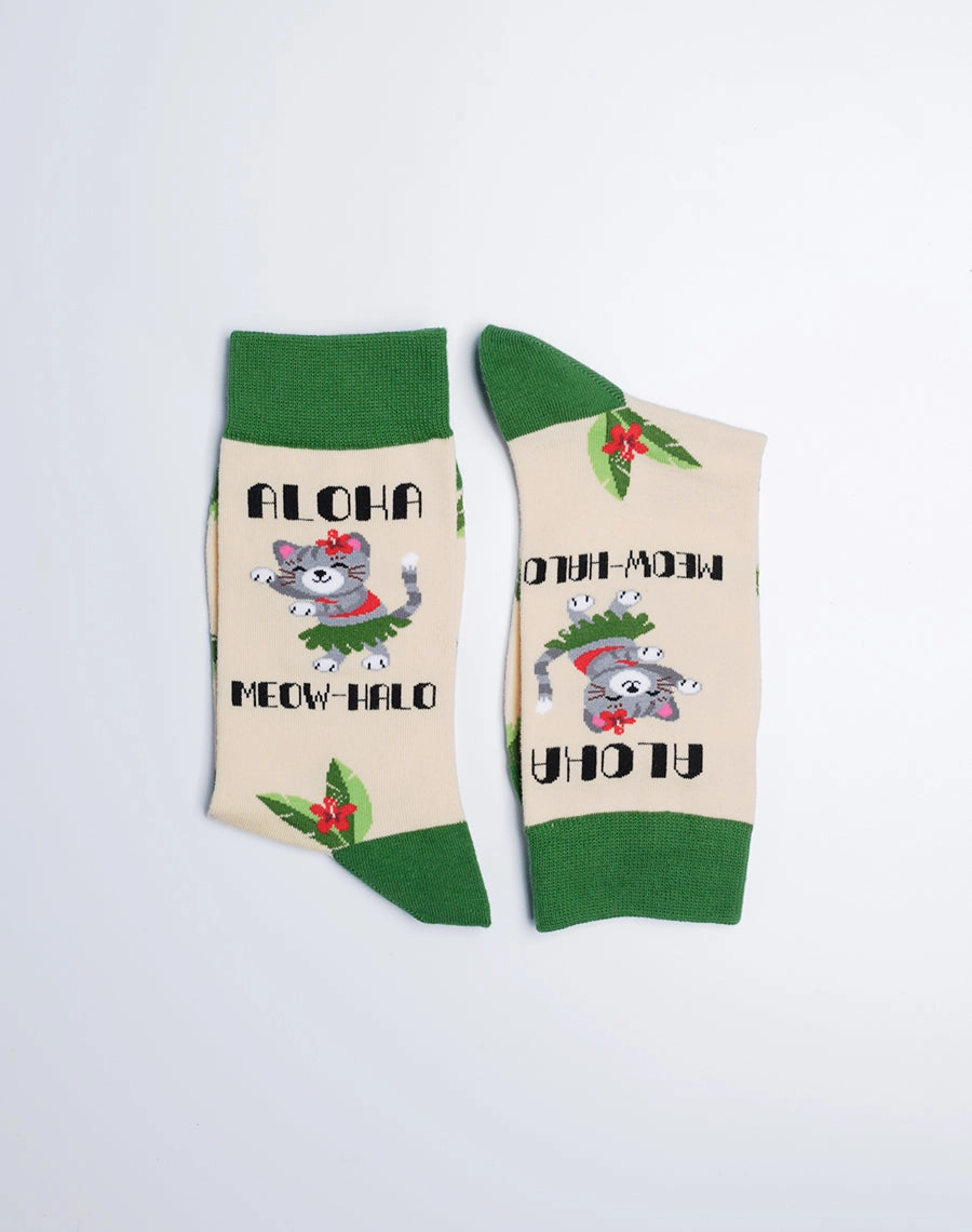 Women's Aloha Meowhalo Cat Crew Socks
