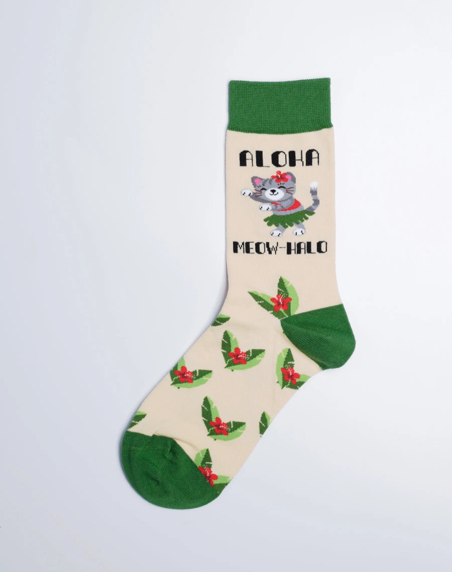 Women's Aloha Meowhalo Cat Crew Socks