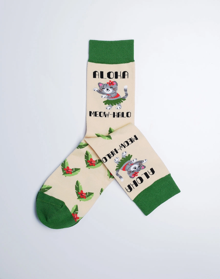 Women's Aloha Meowhalo Cat Crew Socks
