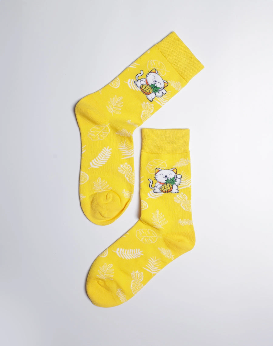Women's Pineapple Prosperity Cat Crew Socks